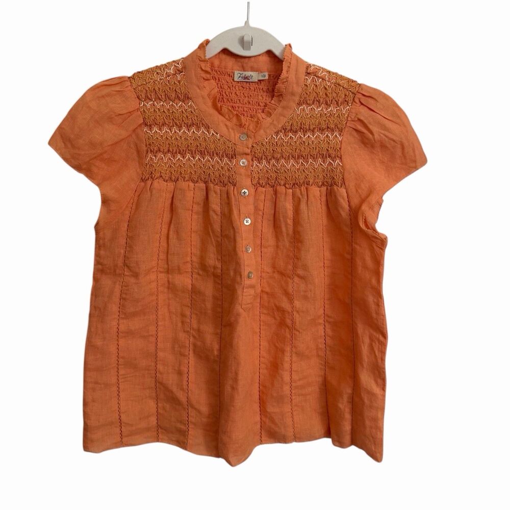 Faherty Kaia Blouse Small Orange Embroidered Linen Top Rhythm Boho Peasant